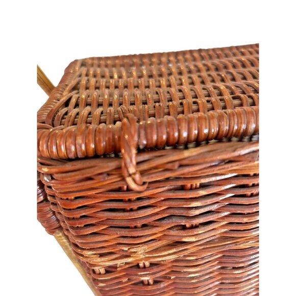 Vintage Coated Wicker Hinged Lidded Basket Stationary Handle Rectangle Storage - Picture 15 of 15